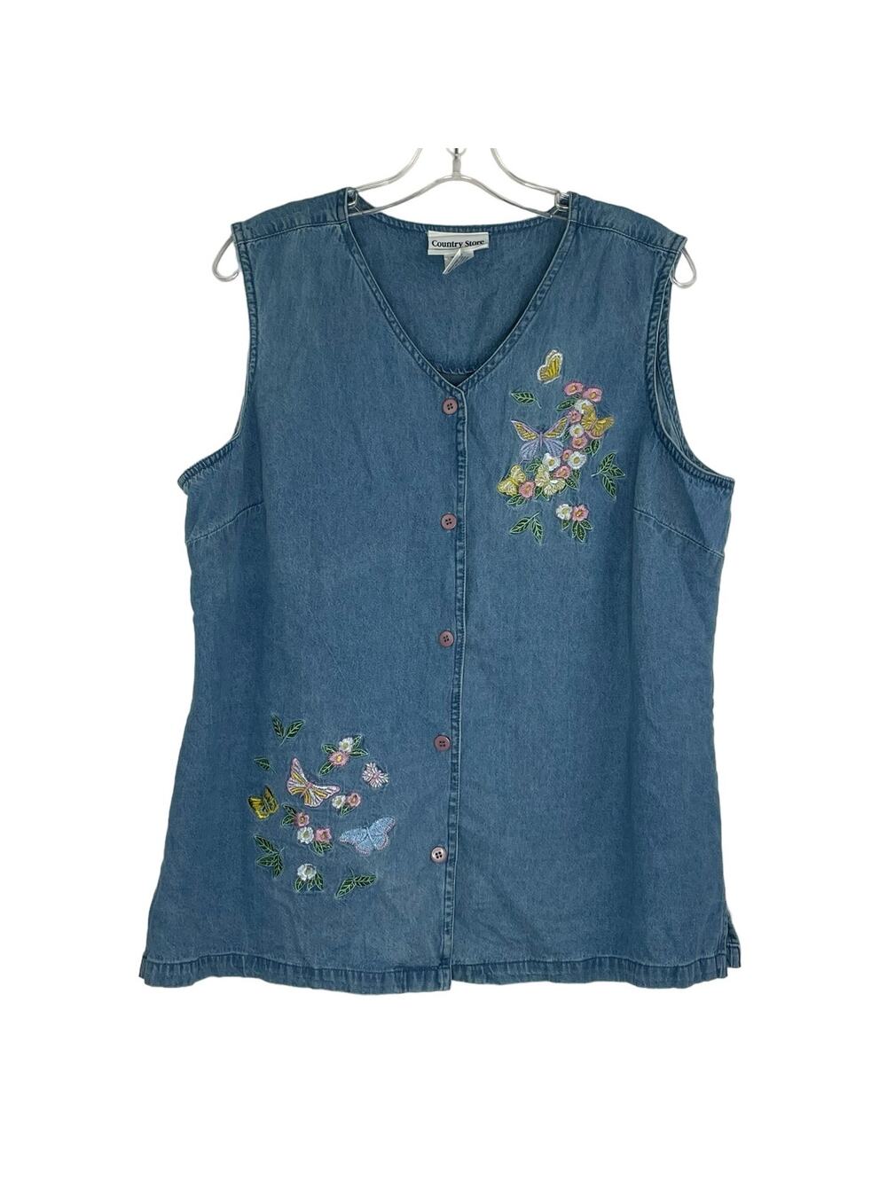 Country Store sleeveless button down blouse embroidered floral butterflies XL